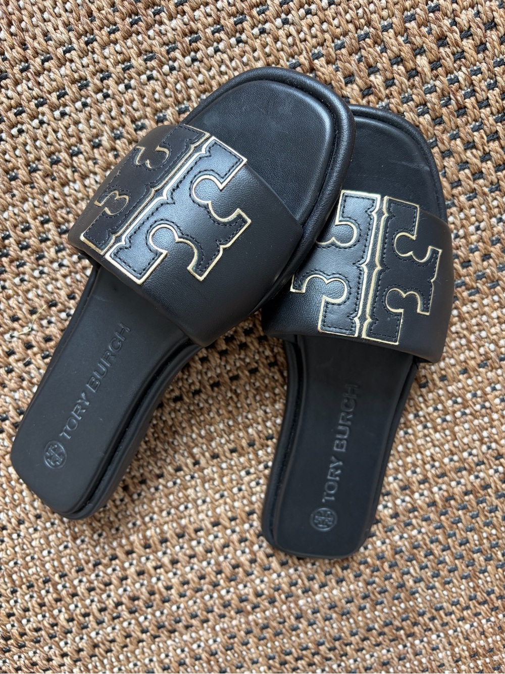 Tory Burch Black Logo Slide Sandals with Gold Trim - Picture 3 of 3